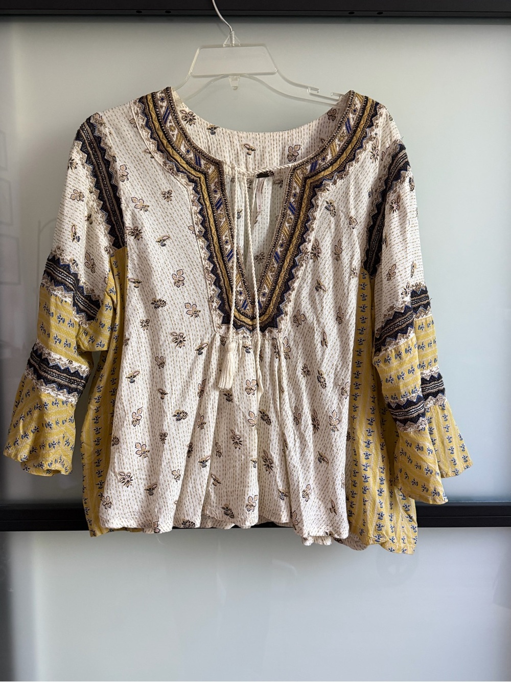 Free People Cream and Yellow Boho Tie-Front Peasant Tunic